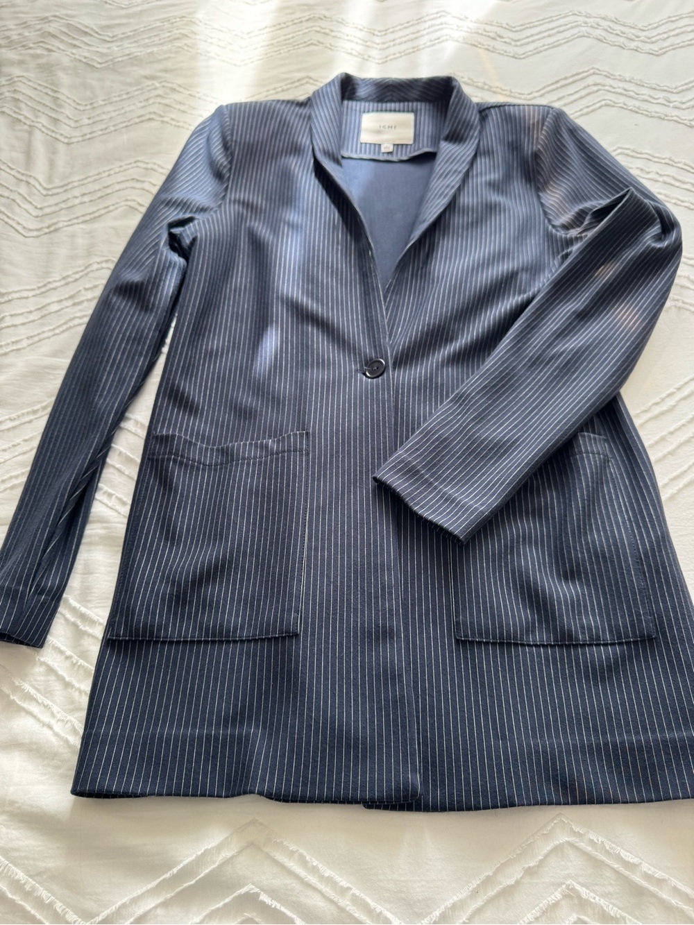 ICHI Navy Pinstripe Long Blazer - Size L
